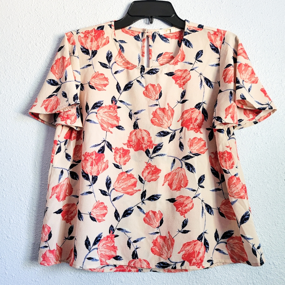 Rewind Pink Floral Short Sleeve Blouse Juniors M
